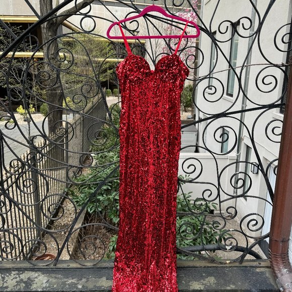 New with Tags Red Sequin Maxi Gown Dress with Flower Bust - Picture 2 of 8